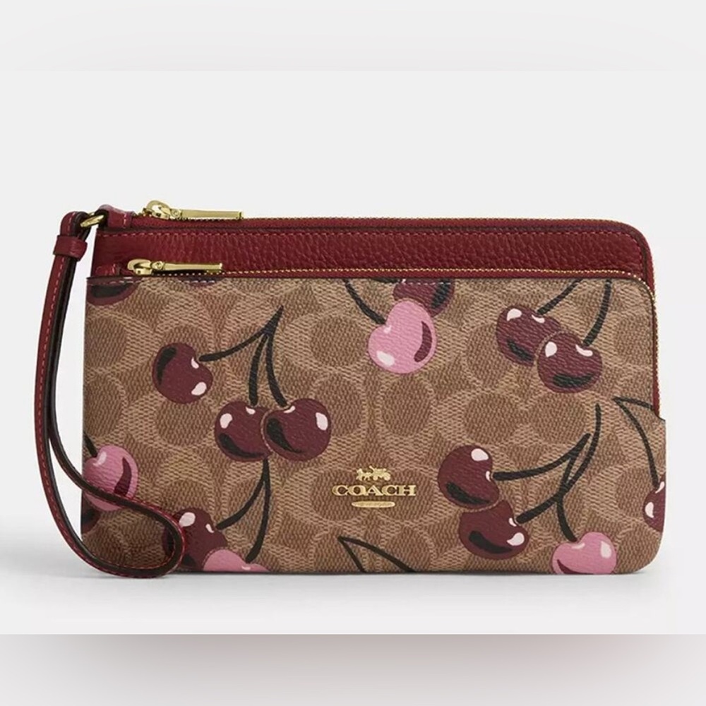 ❤️ New Coach Double Zip Wallet In Signature Canvas With Cherry Print